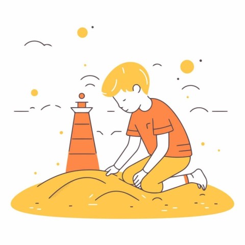 Vector illustration of a boy playing on the beach with sand and