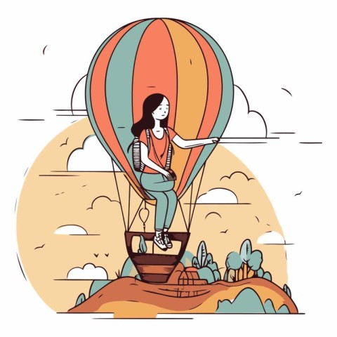 Girl flying on hot air balloon in cartoon style.