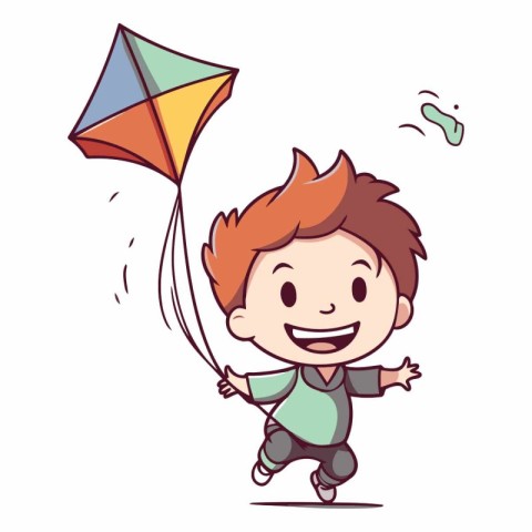 Cute boy playing with a kite cartoon vector illustration graphic