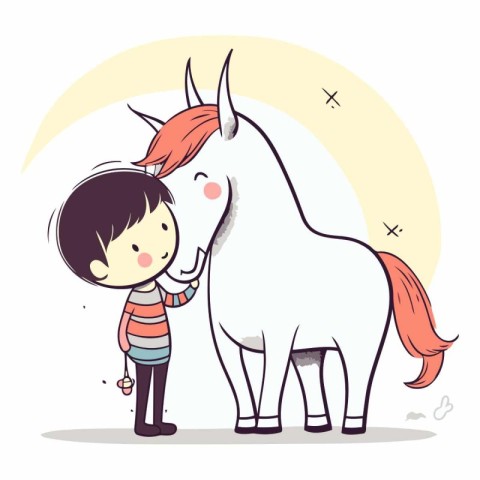 Cute little boy and white unicorn in cartoon style.