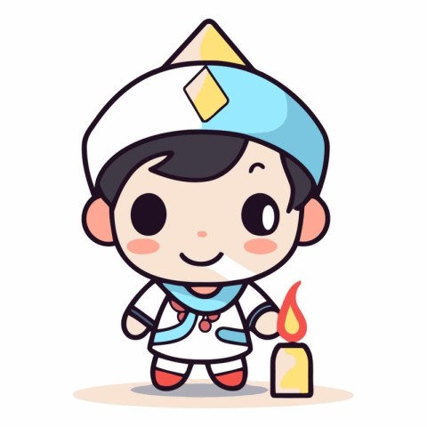 Cute boy in kokoshnik costume holding candle.