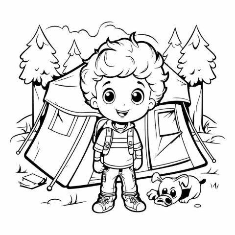 Black and White Cartoon Illustration of Kid Boy Traveling with T