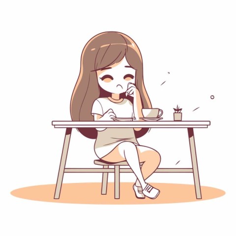 Little girl sitting at the table and eating coffee.