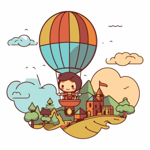 Boy flying in a hot air balloon over the village.