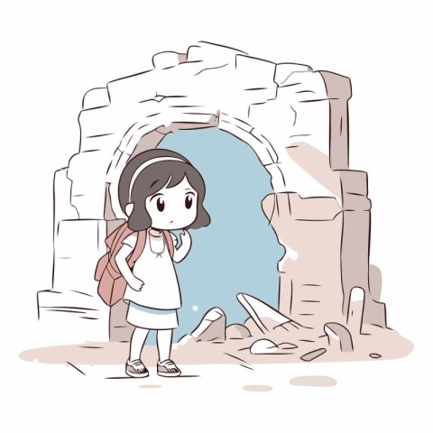 Illustration of a little girl looking at the ruins of the ancien