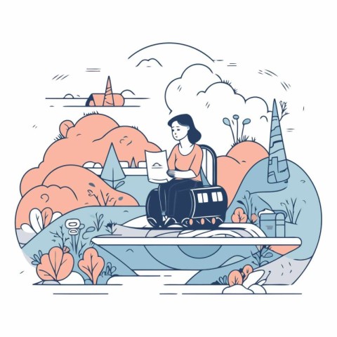 Vector illustration of a girl traveling on a boat with a suitcas