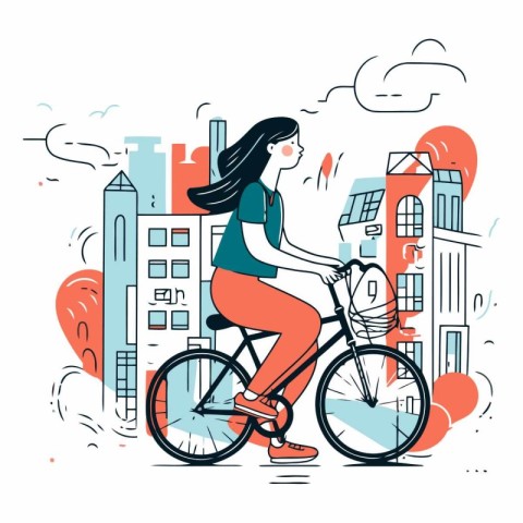 Vector illustration of young woman riding bicycle in the city. U