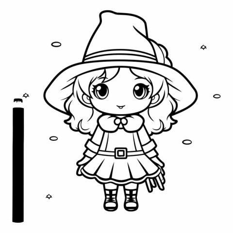 Black and White Cartoon Illustration of Cute Little Witch Charac