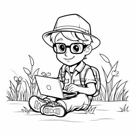 Boy with laptop sitting in the grass for coloring book