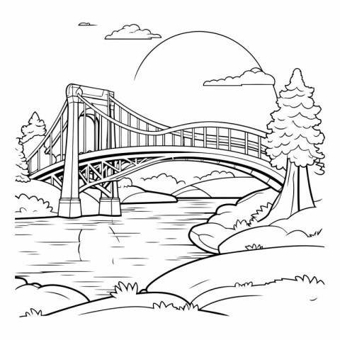 Bridge over the river. Black and white vector illustration for c