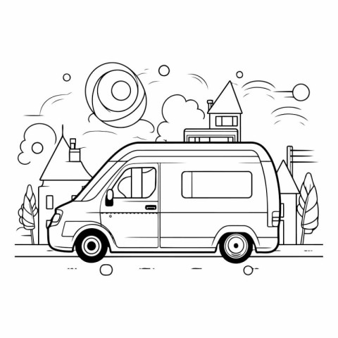 Camping van in the city. Outline drawing.