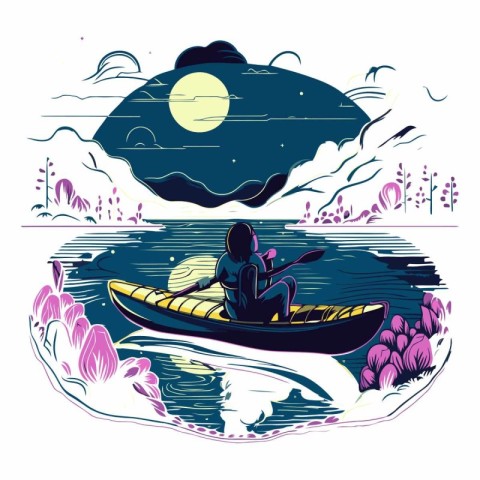 Hand drawn vector illustration of a man in a canoe paddling on t