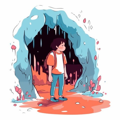 Vector illustration of a boy in a cave. Cartoon character with a