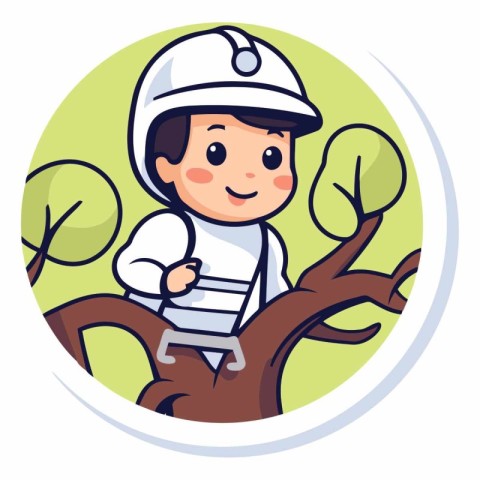 Cute boy in a white helmet climbing a tree