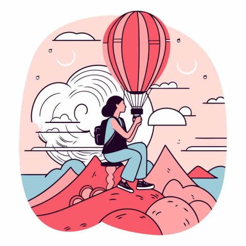 Woman with hot air balloon on the mountain. Flat vector illustra