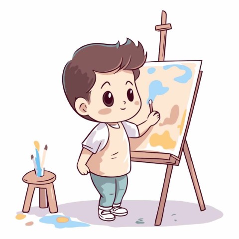 cute little boy painting a picture on easel vector illustration