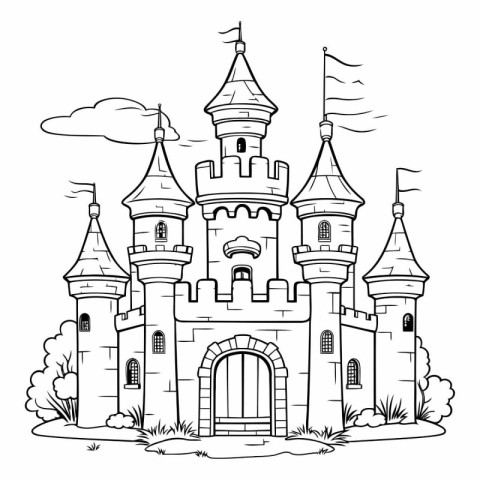 Fairytale castle on white background in black and white.