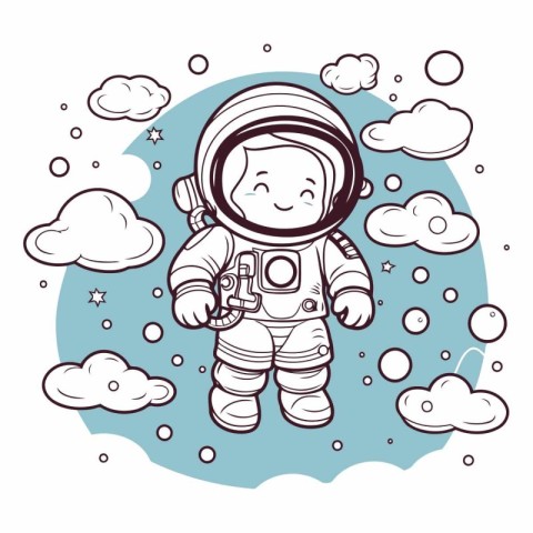Cute cartoon astronaut on the background of clouds.