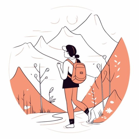 Woman hiker with backpack hiking in mountains. Flat vector illus