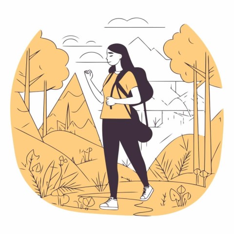 Young woman with backpack hiking in nature in flat style.