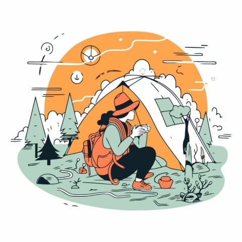 Camping in the forest in doodle style.