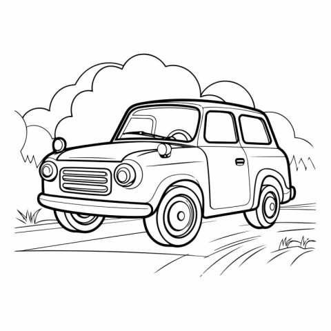 Vintage car on the road for coloring book.