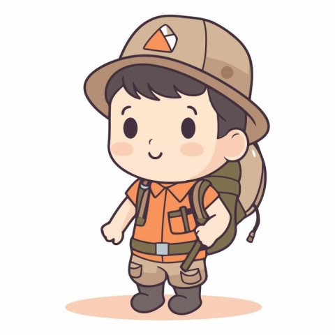 Boy scout wearing a hat and backpack on white background.