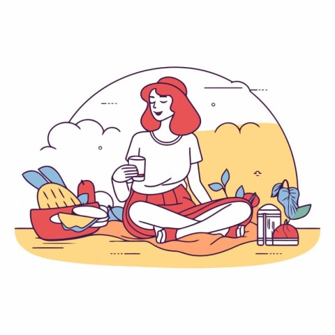 Vector illustration of a woman sitting on the beach and drinking