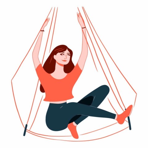 Young woman sitting in hammock on white background.