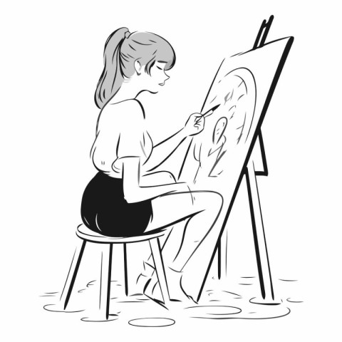 Young woman painting a picture on the easel.