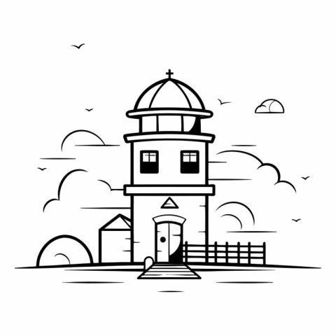 Lighthouse on the island in a flat style.