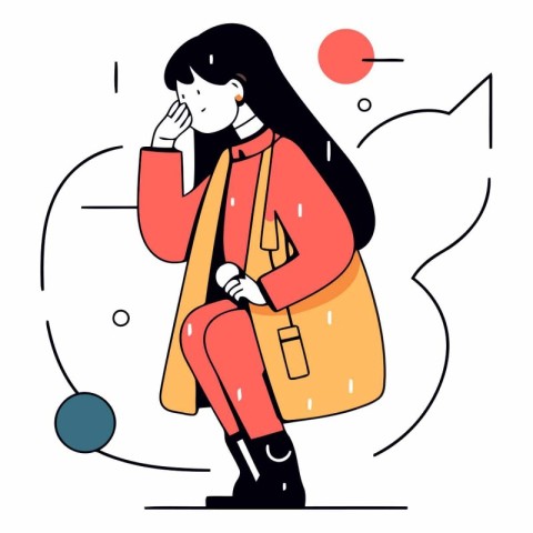 Vector illustration of a girl in a coat talking on the phone.