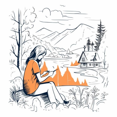 Woman sitting on the shore of a mountain lake and reading a book