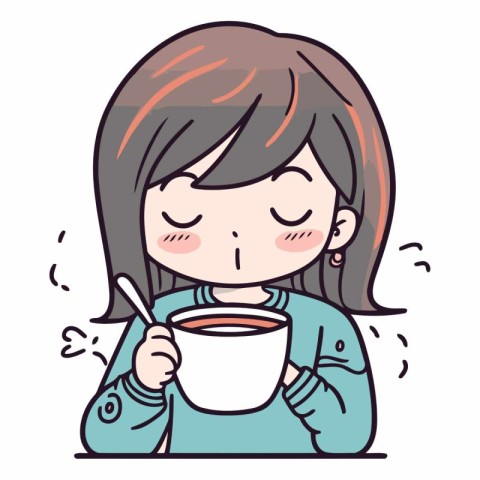 Illustration of a young woman having a cup of hot coffee.