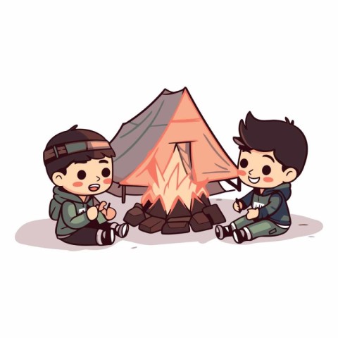 Camping boy and girl sitting in front of campfire