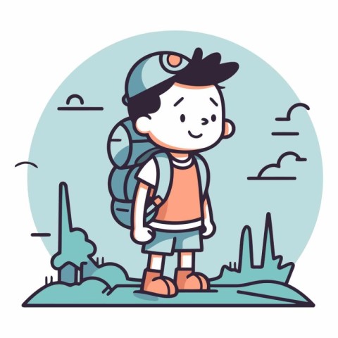 Vector illustration of a boy hiker with backpack in the park.