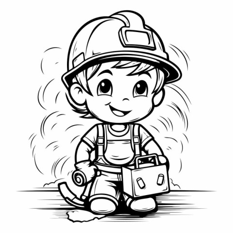 Firefighter Boy - Black and White Cartoon Illustration. Vector A