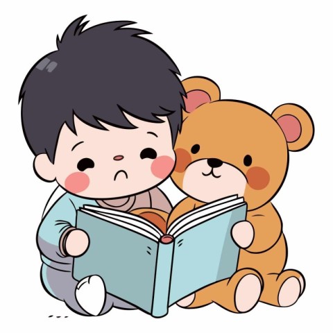 Cute boy reading a book with teddy bear vector illustration.