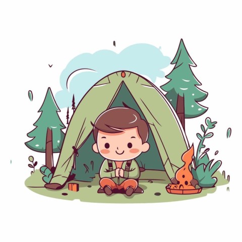 Cute little boy camping in the forest in cartoon style.