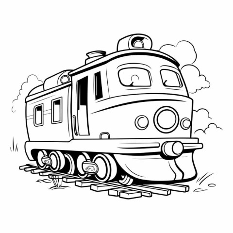 Vector illustration of a locomotive on rails. Monochrome image.