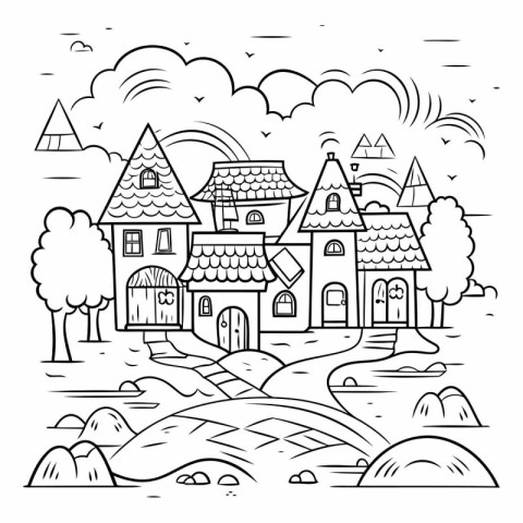 Black and white vector illustration of a fairy tale village. Col