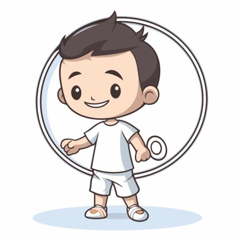 Cute little boy in a round mirror. Vector character illustration