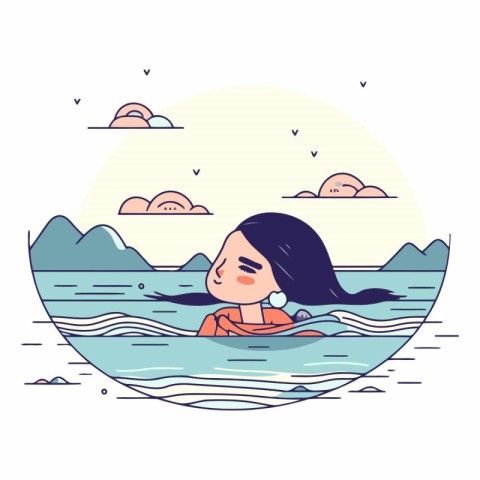 Girl swimming in the sea in a flat style.