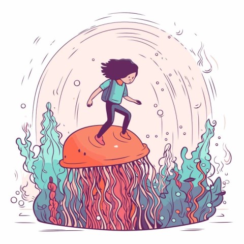 Vector illustration of a girl in a blue t-shirt on a rock.