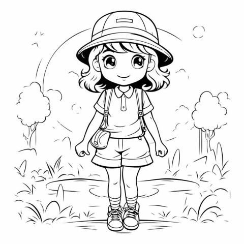 Coloring Page Outline Of a Cute Little Girl Hiking