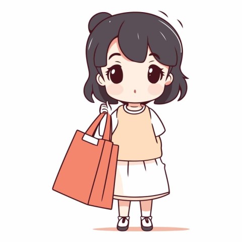 Cute little girl holding shopping bag in cartoon style.