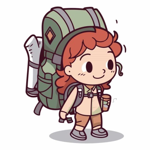 Hiking boy with big backpack cartoon vector illustration graphic