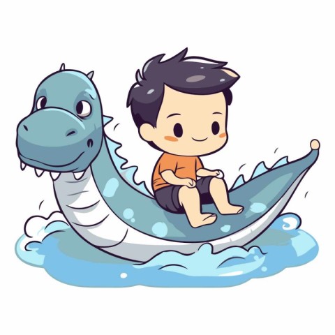 Vector illustration of a boy riding a dragon boat on a white bac