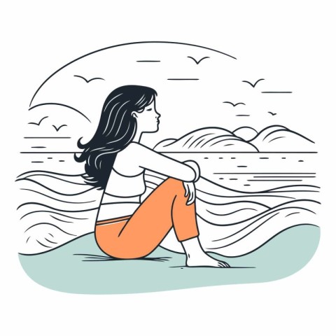 Girl sitting on the beach in thin line style.