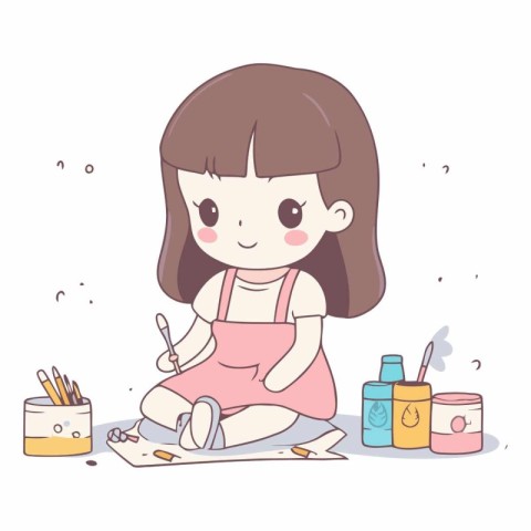 Illustration of a Cute Little Girl Painting with Paintbrushes